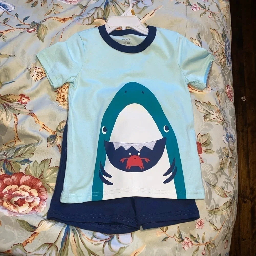 BOYS' CARTERS 2 PIECE SET - SHORTS & TOP  - SHARK - SIZE 3T-NEW‎ WITH TAGS